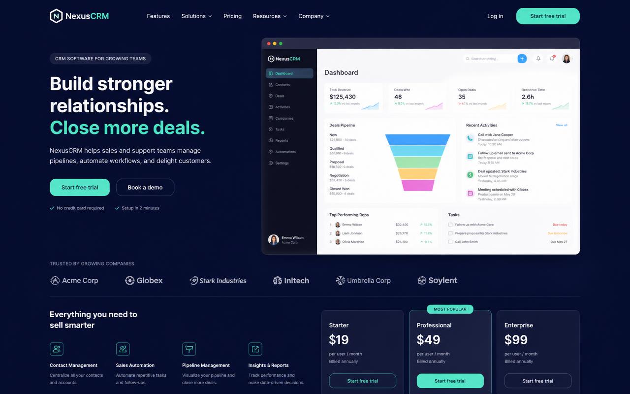 Desktop design preview of the CloudMint CRM website concept