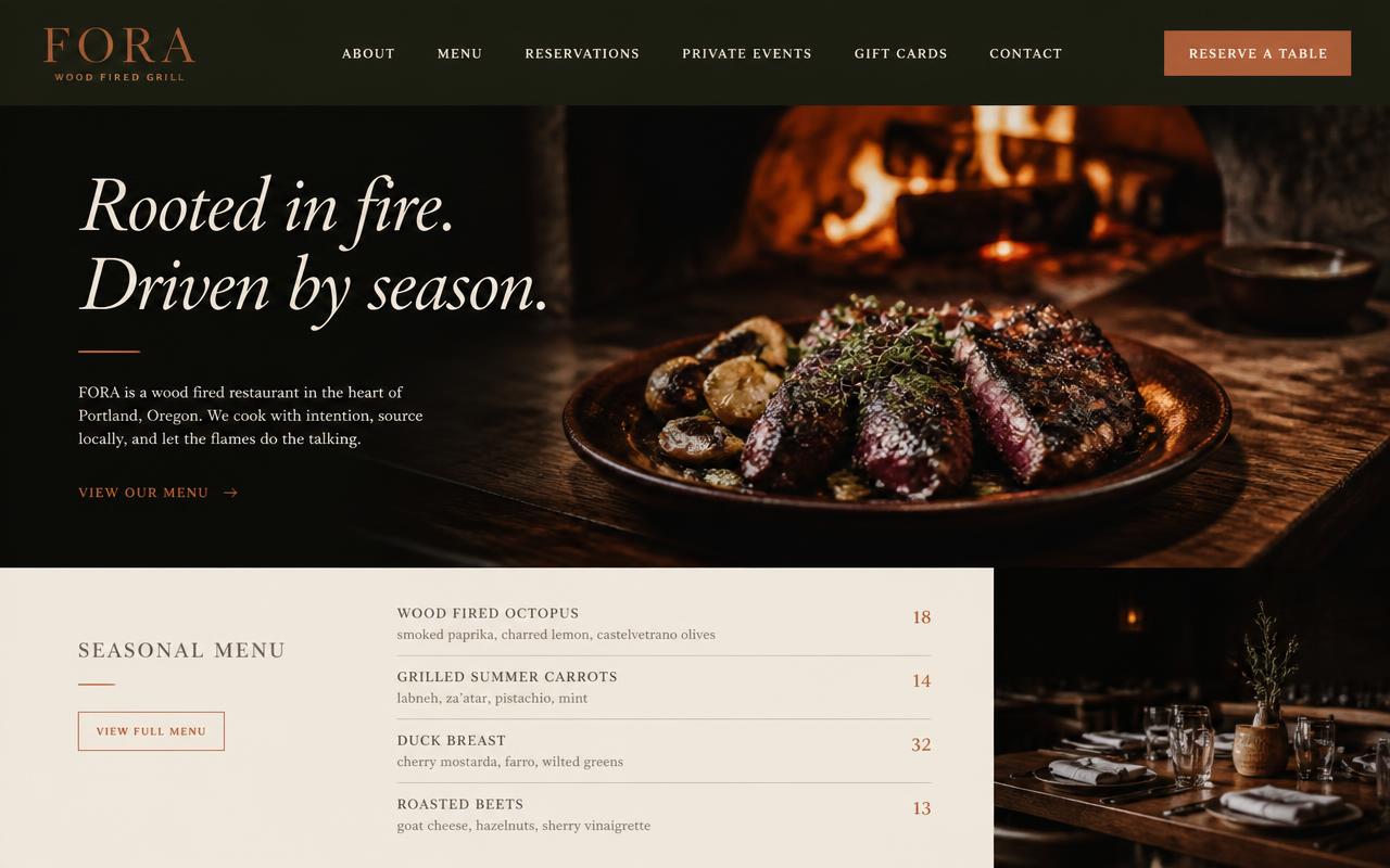Desktop design preview of the EmberFork Bistro website concept