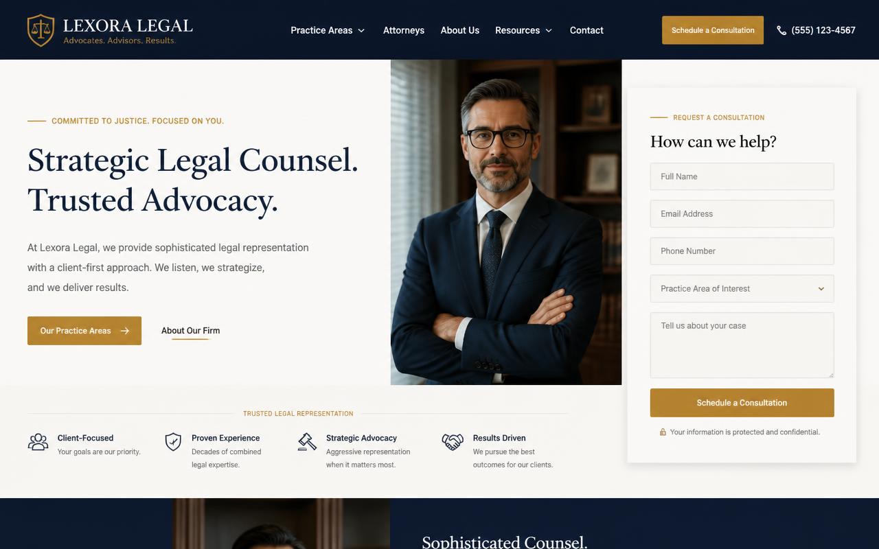 Desktop design preview of the Lexora Legal website concept