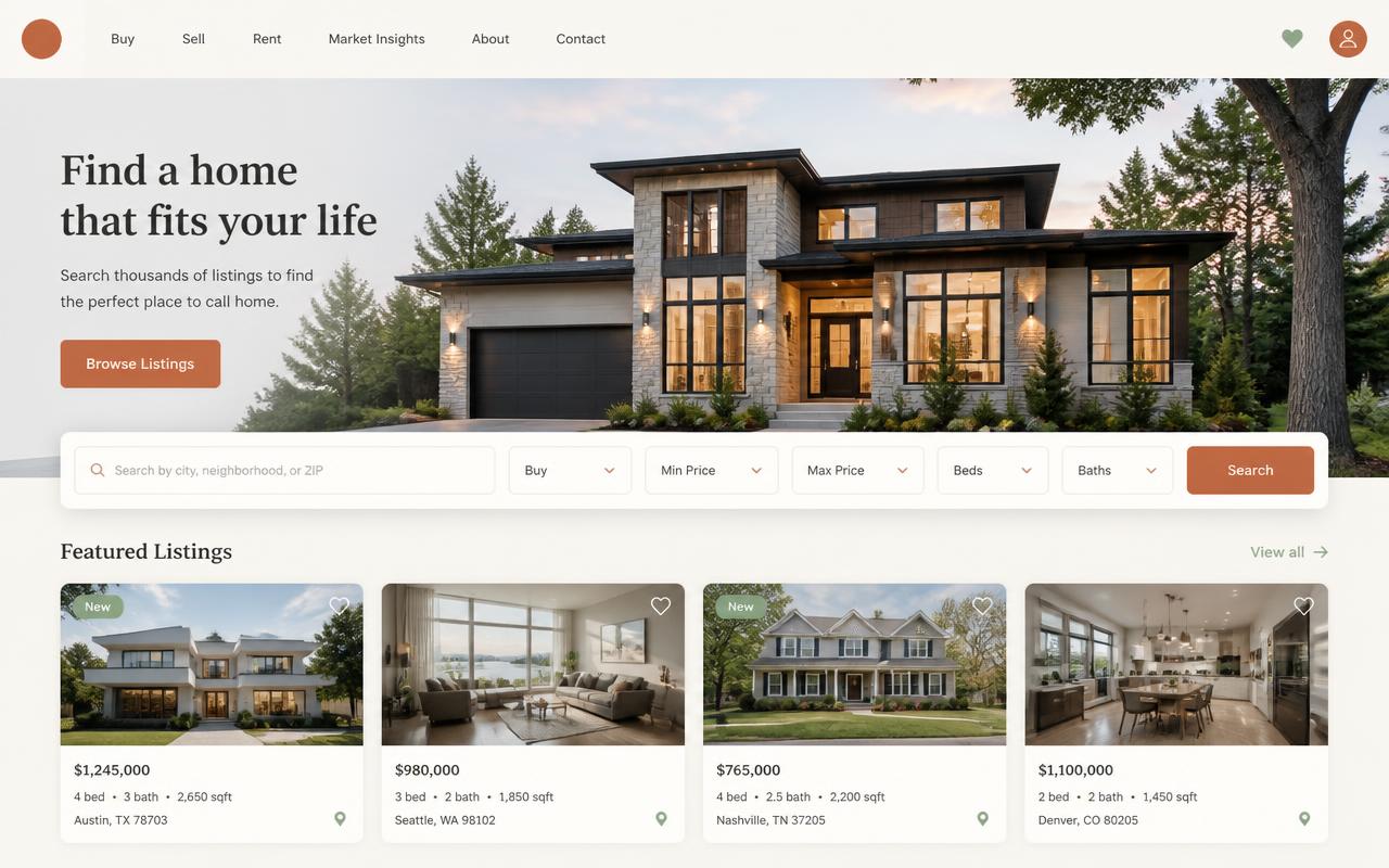 Desktop design preview of the Nestora Realty website concept