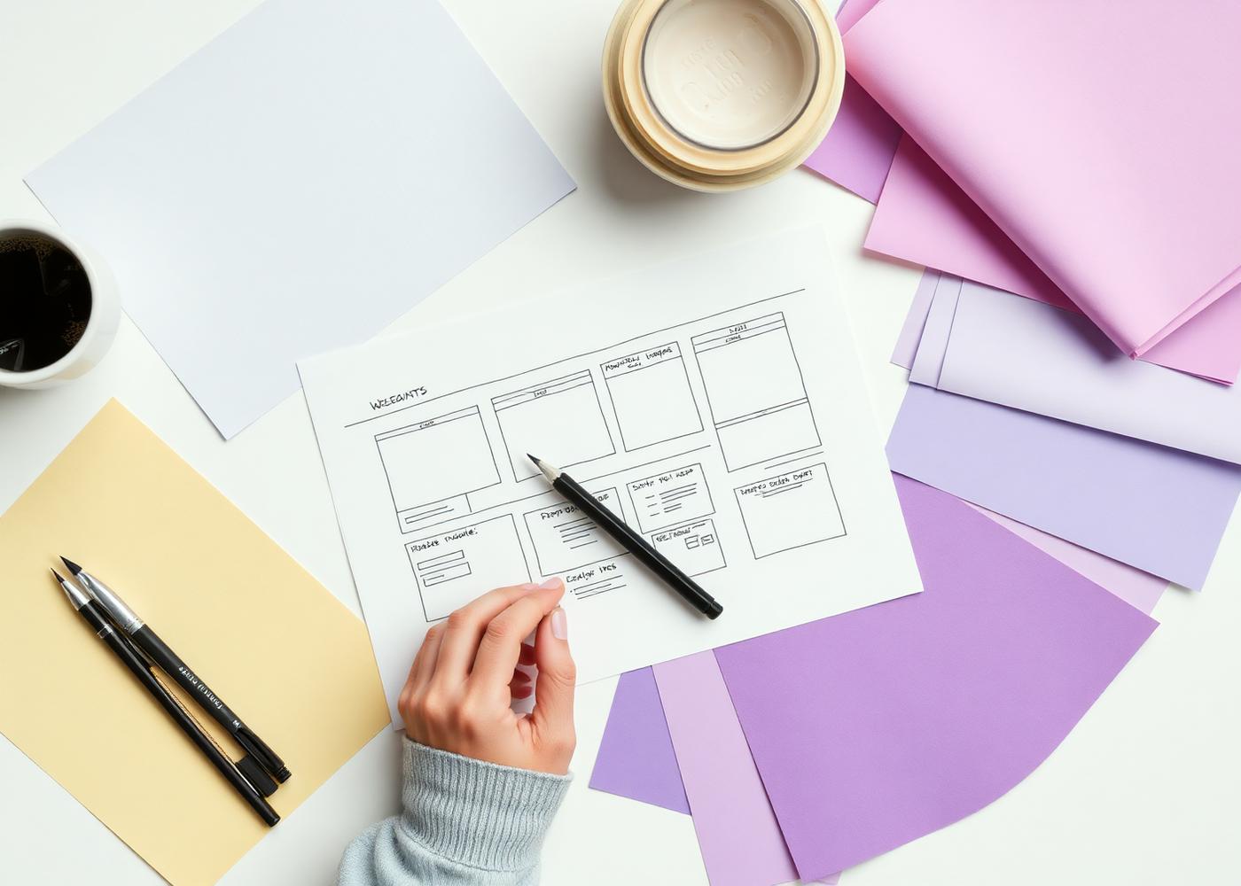 Flat lay of website wireframe sketches with colorful paper swatches