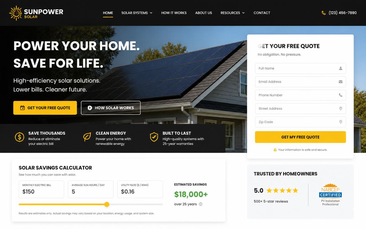 Desktop design preview of the Solvexa Energy website concept