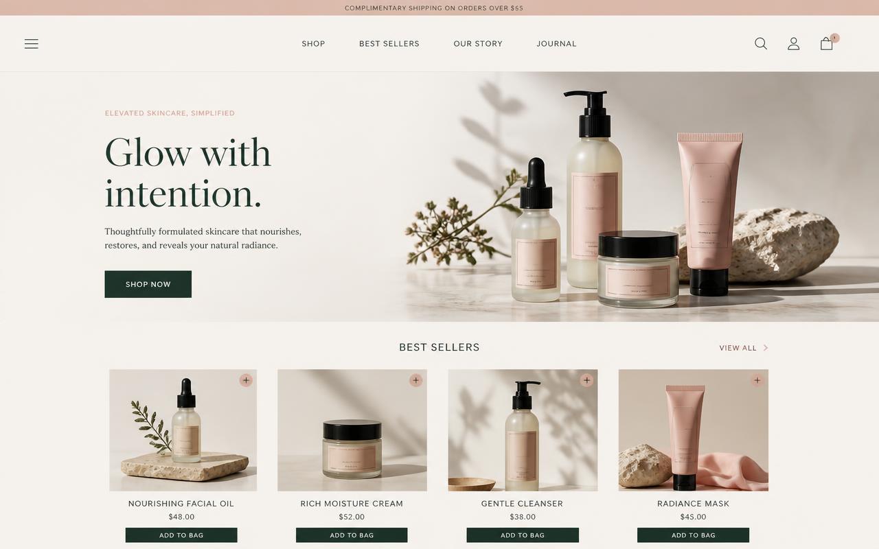 Desktop design preview of the Veloura Skin website concept