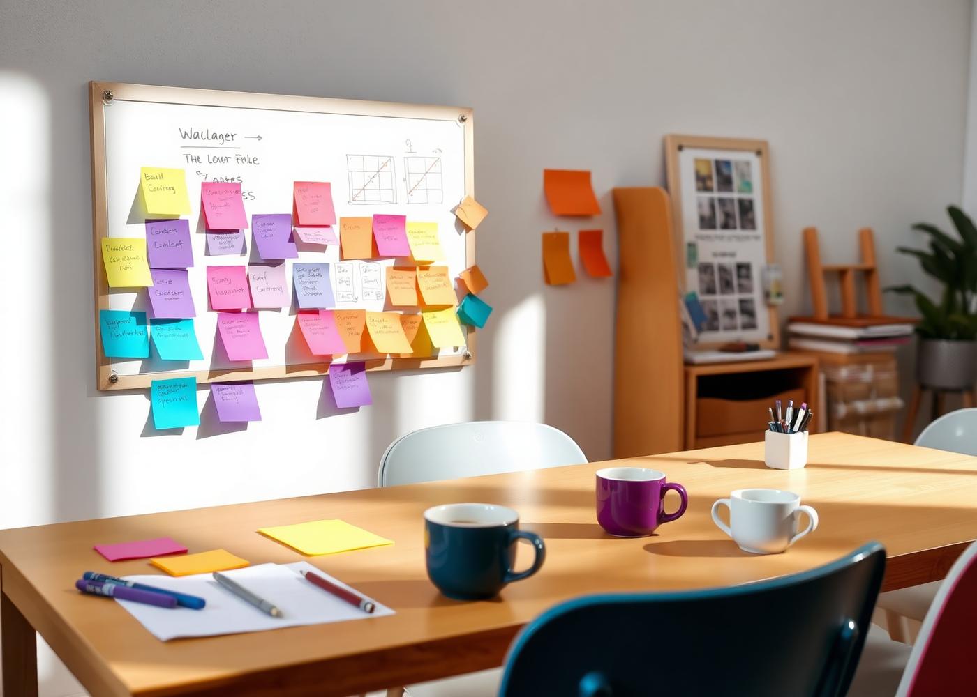 Workshop wall covered in colorful planning notes beside a studio table